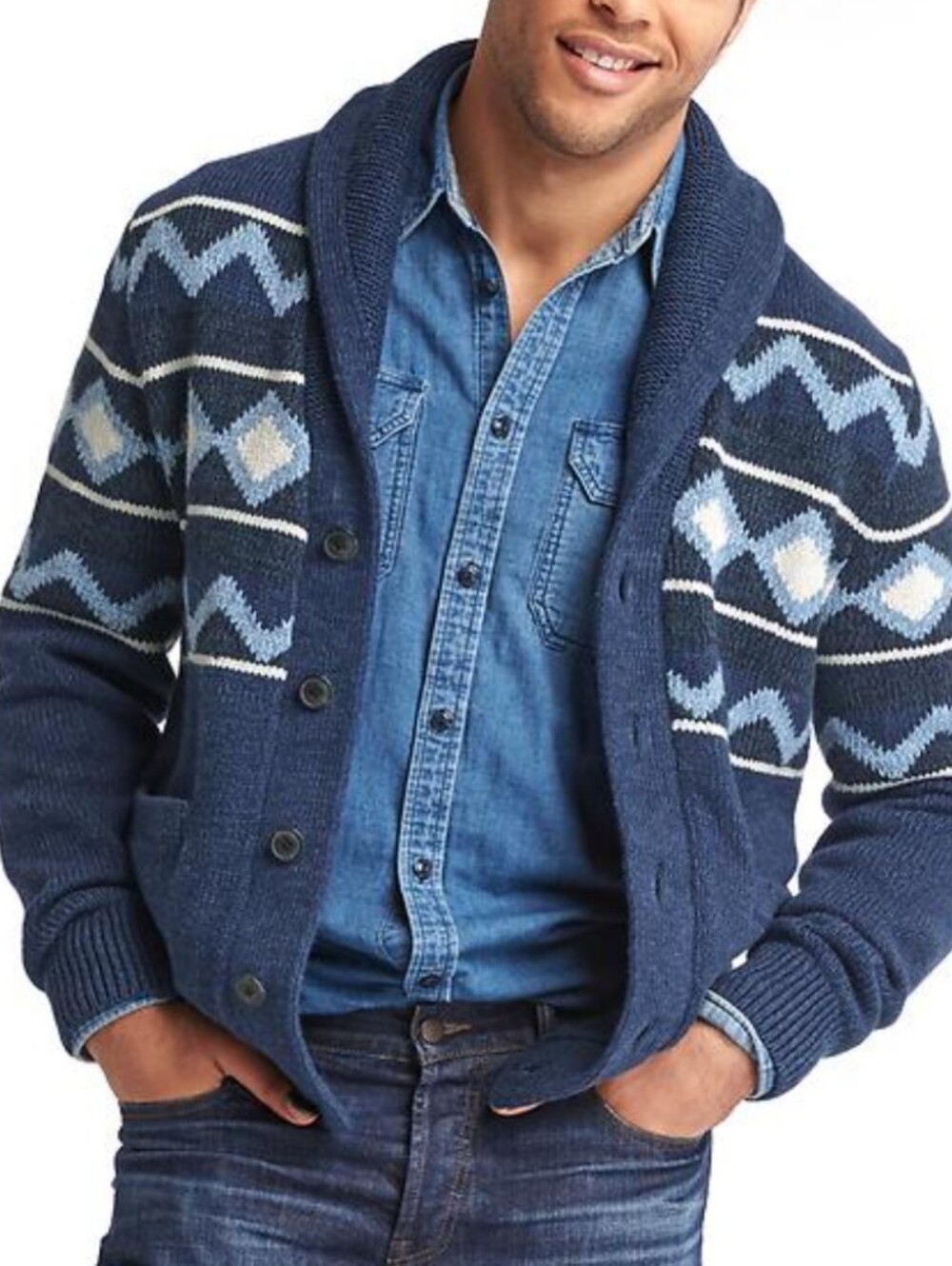 Gap Men's Navy Geo Fair Isle Shawl Cardigan Sweater Cotton Cashmere Wool